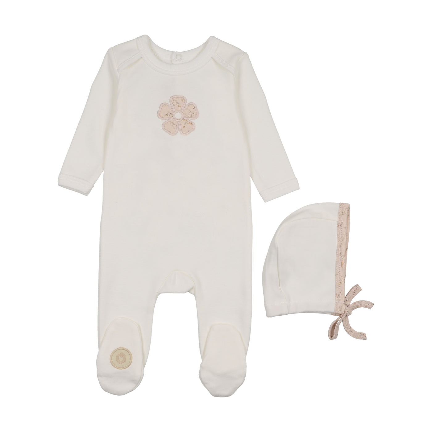 Mon Tresor Blooming Rose Ivory/Pink Cotton Footie with Bonnet