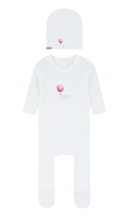 Adee Pink Hot Air Balloon White Cotton Ribbed Footie with Beanie