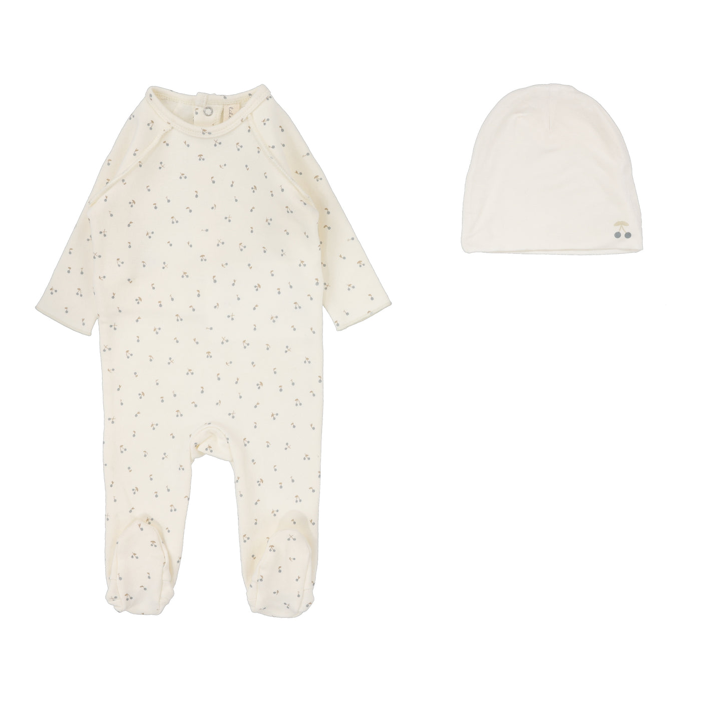 Lilette Cherry Print Cream/Blue Cotton Footie with Beanie