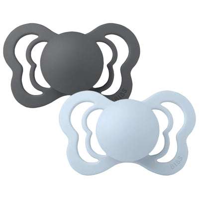 Bibs Two Pack Anatomical Silicone Iron/Baby Blue Pacifiers