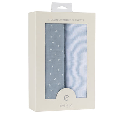 Ely's & Co. Muslin Swaddle Two Pack - Blue Leaf /Stripes Collection