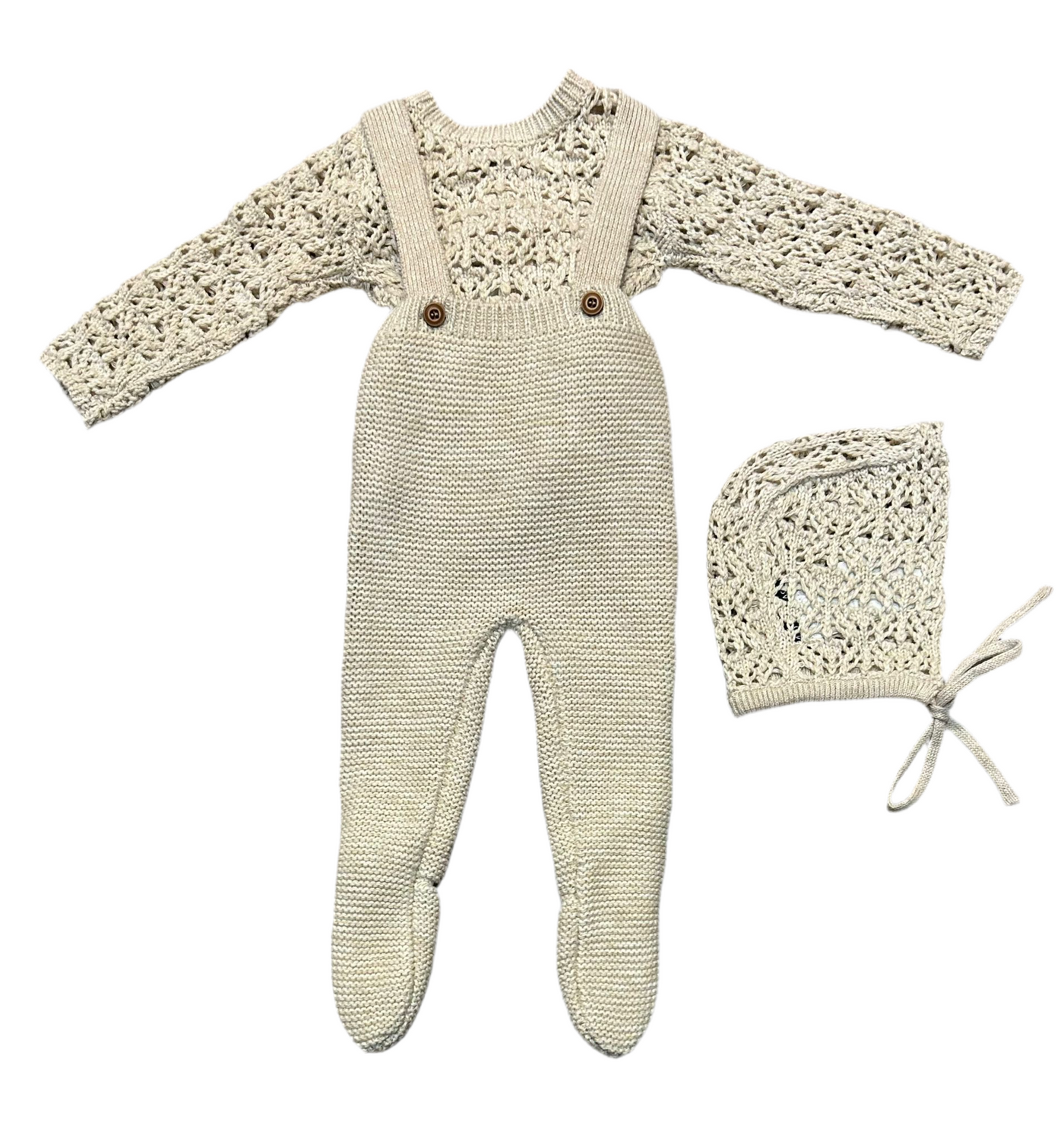 Papillon Cream Knit Overall Footie with Crochet Cardigan & Bonnet