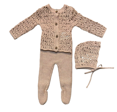 Papillon Mauve Knit Overall Footie with Crochet Cardigan & Bonnet