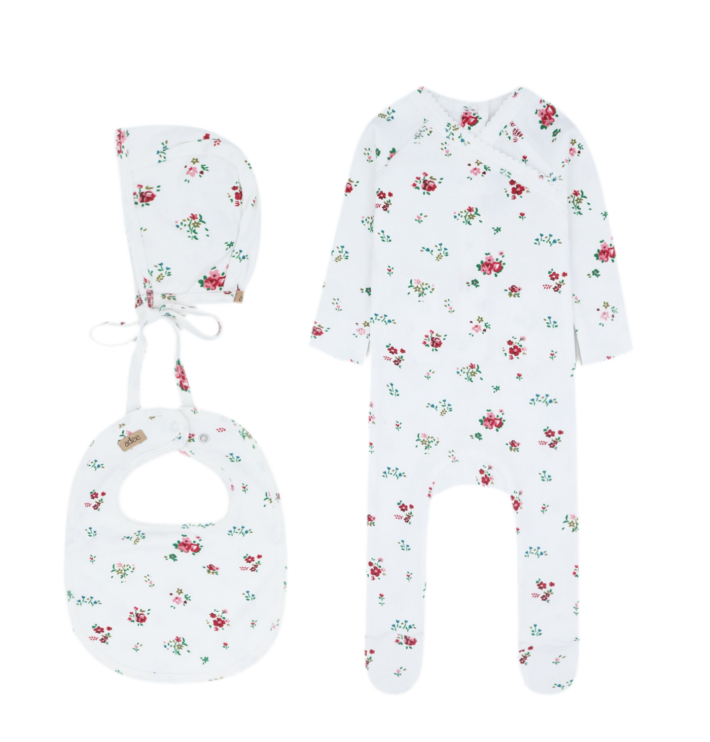 Adee Red Freesia Flower Cotton Footie with Bonnet & Bib