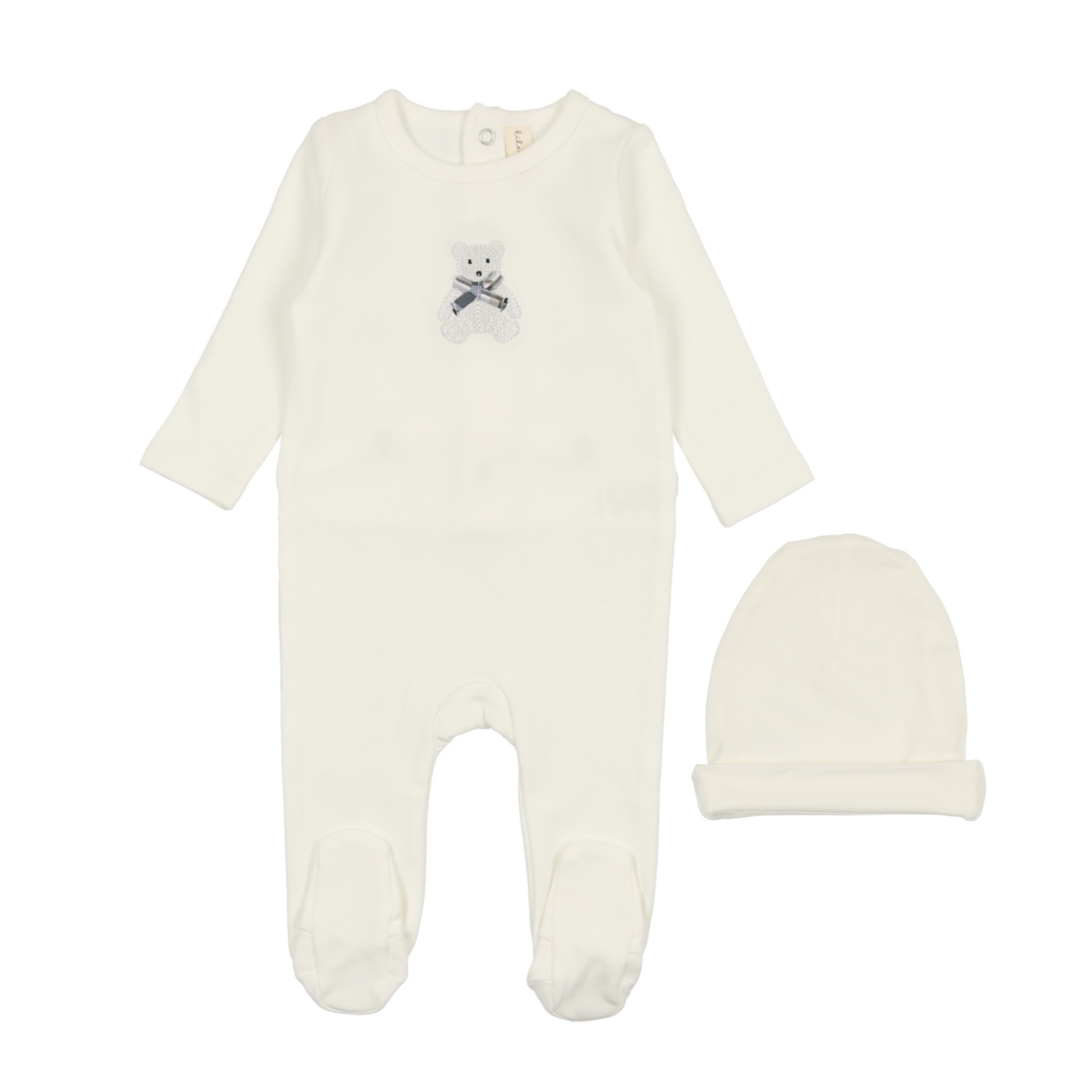 Lilette Embroidered Bear White Footie with Beanie