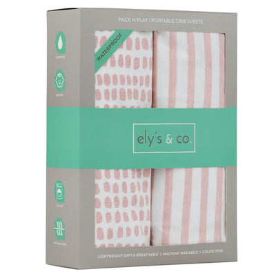 Ely's & Co. Waterproof Two Pack Portable Crib / Pack N Play Sheets - Pink Stripes & Splash Collection