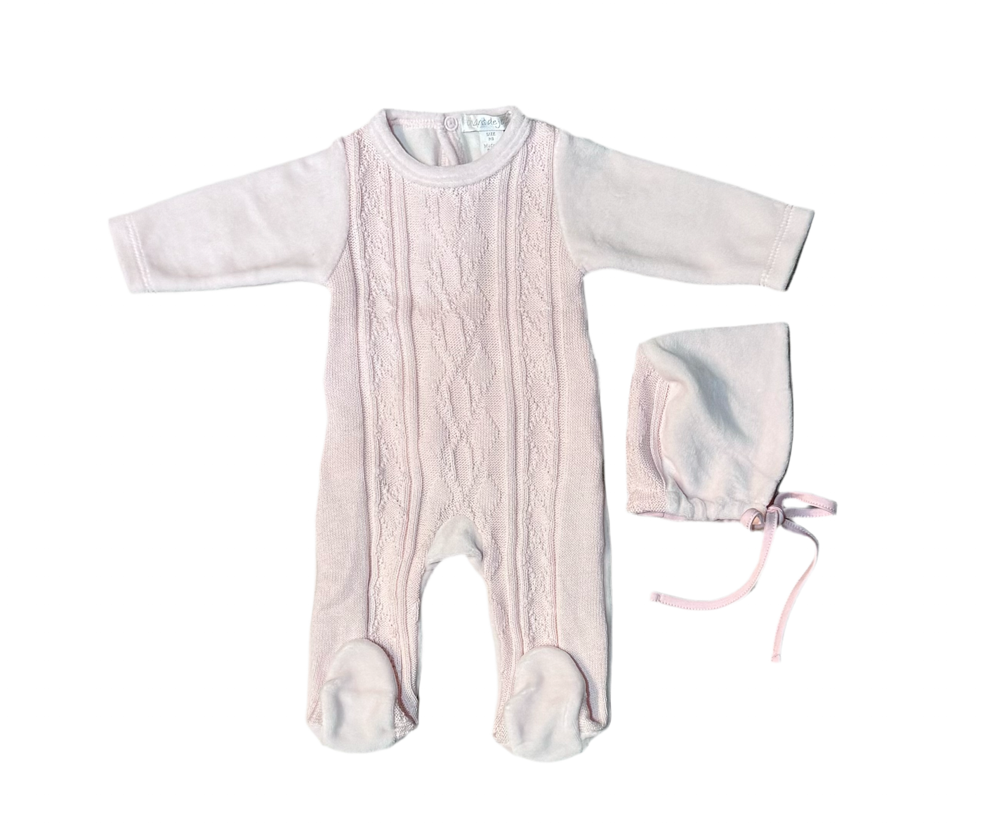 Chante de Joie Knit Panel Pink Velour Footie with Bonnet