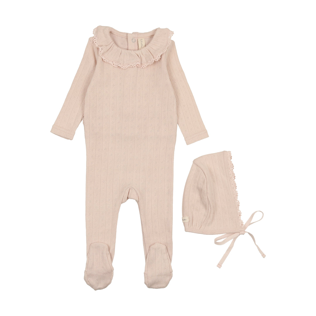 Lilette Fine Pointelle Ruffle Collar Footie & Bonnet - Petal Lilette Fine Pointelle Ruffle Collar Footie & Bonnet - Petal