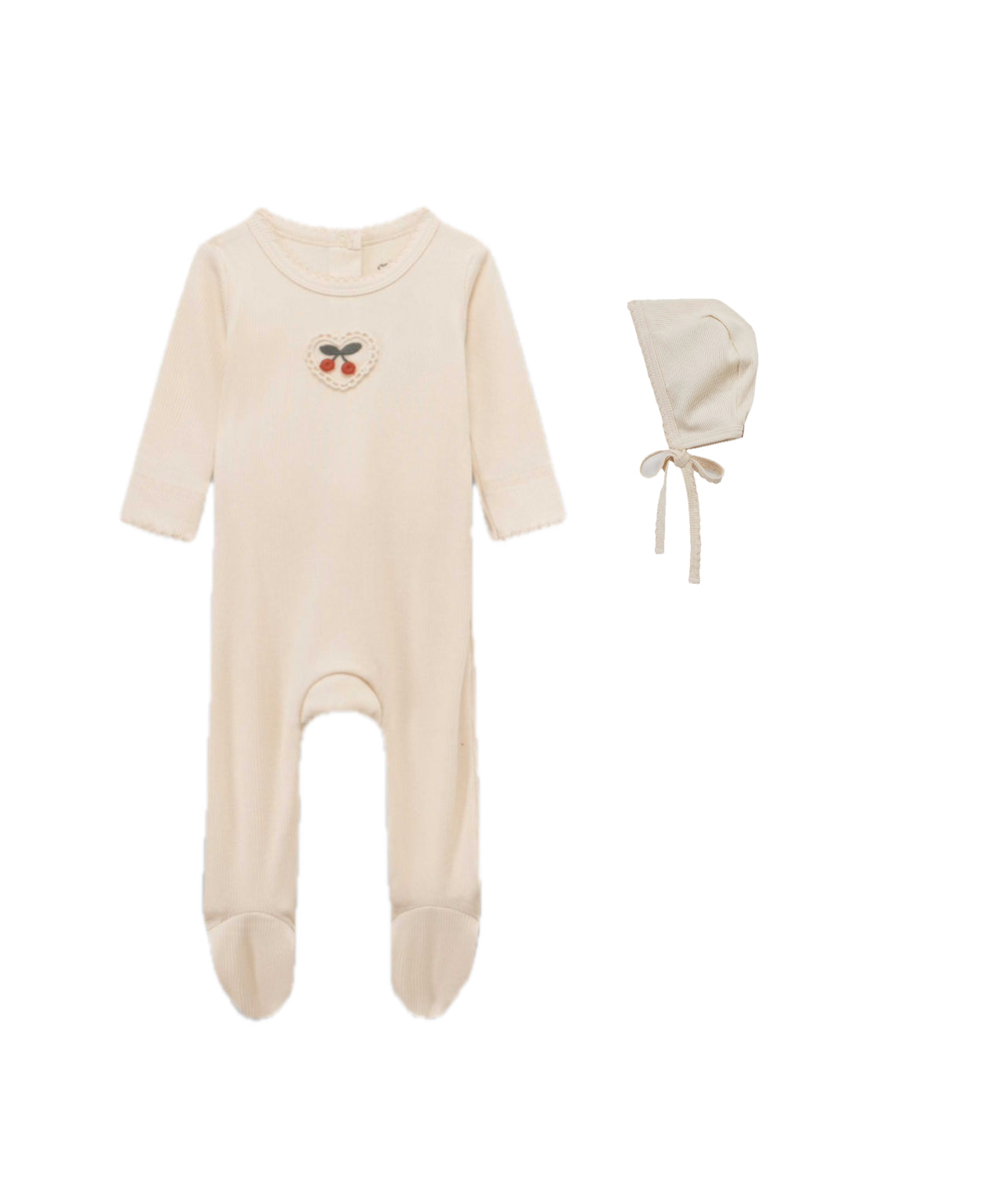 Adee Cherry Lace Ivory Rib Cotton Footie with Bonnet