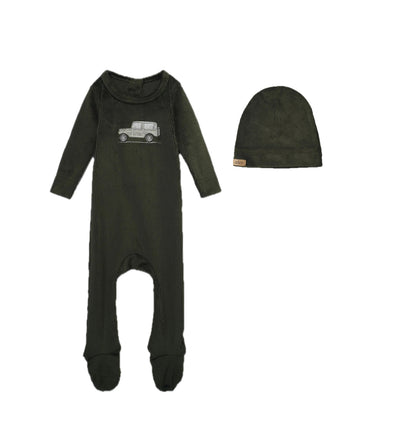 Adee Embroidered Car Green Velour Footie with Beanie