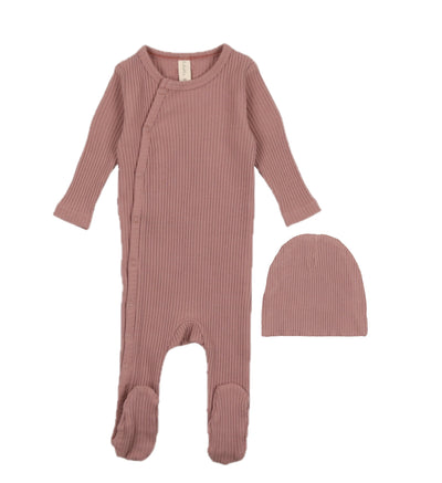 Lilette Slide Snap Ribbed Mauve Footie with Beanie