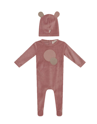 Bondoux Bebe Circles Applique Pink Velour Footie with Beanie