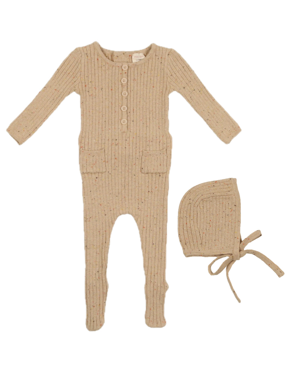 Analogie Two-Pocket Toffee Speckle Knit Rib Footie with Bonnet