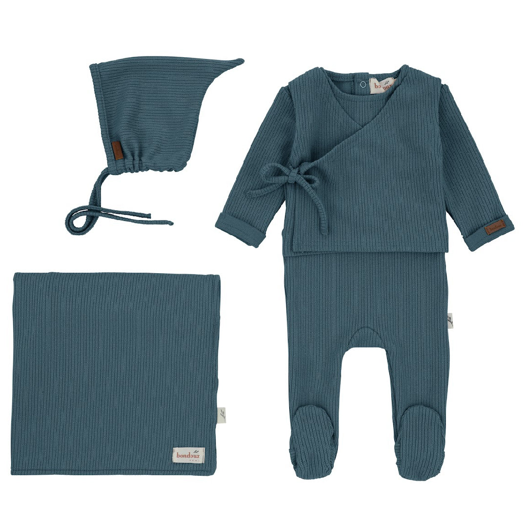 Bondoux Bebe Kimono Collection Deep Blue Knit Three Piece Set