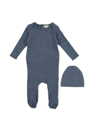 Lil Legs Double Ribbed Heather Blue Footie with Beanie