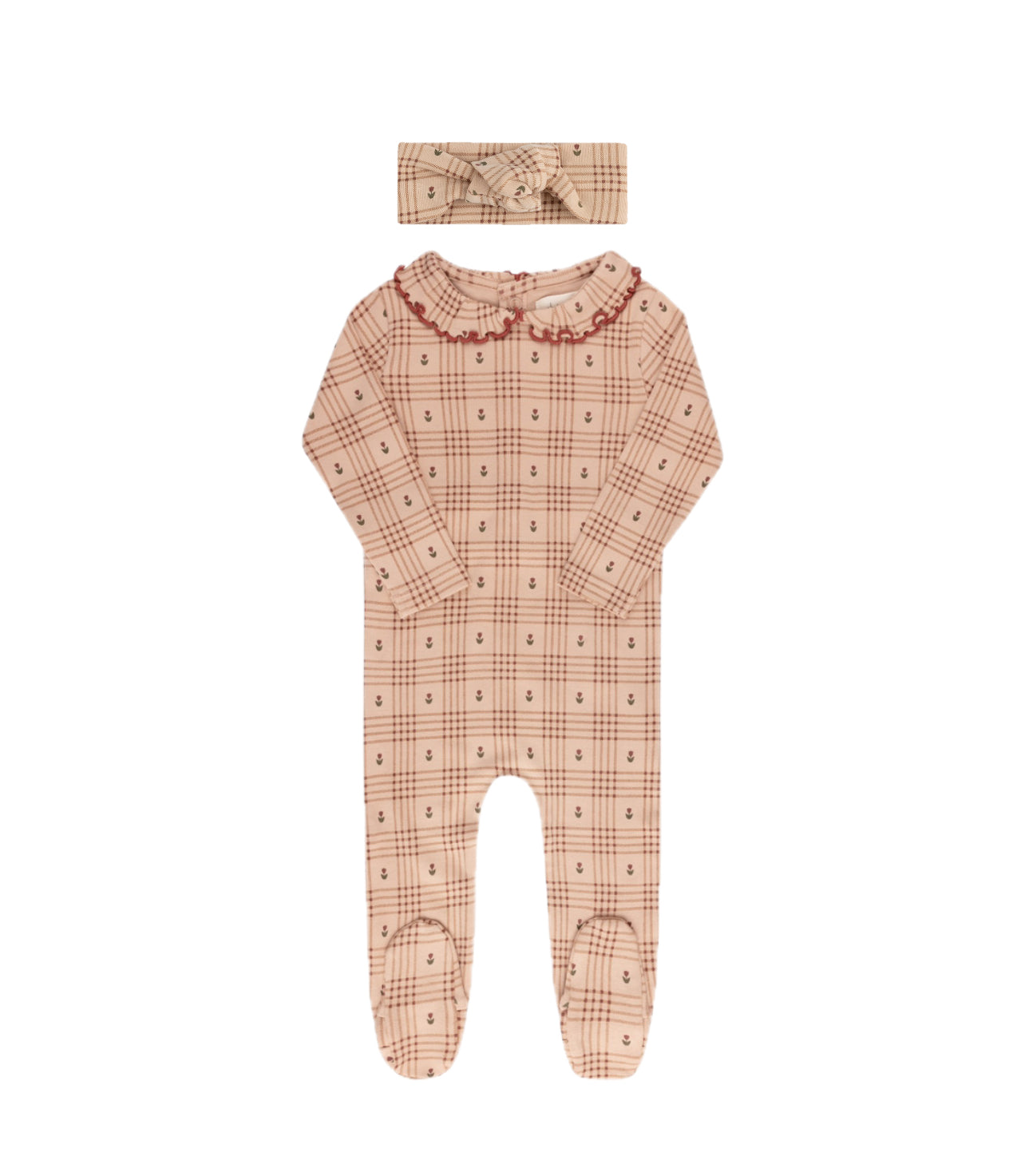 Ely's & Co. Floral Plaid Collection Pink Cotton Footie with Knot Headband