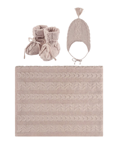 Pippin Cashmere Feel Cableknit Blush Bonnet/Booties/Blanket Giftset