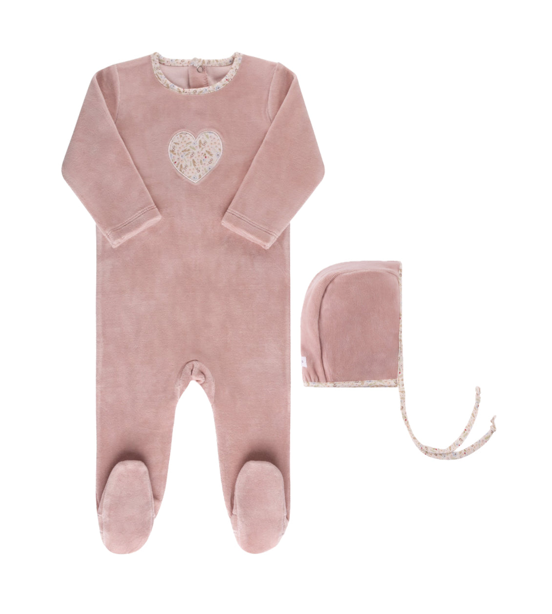 Ely's & Co. Floral Heart Pink Velour Footie with Bonnet