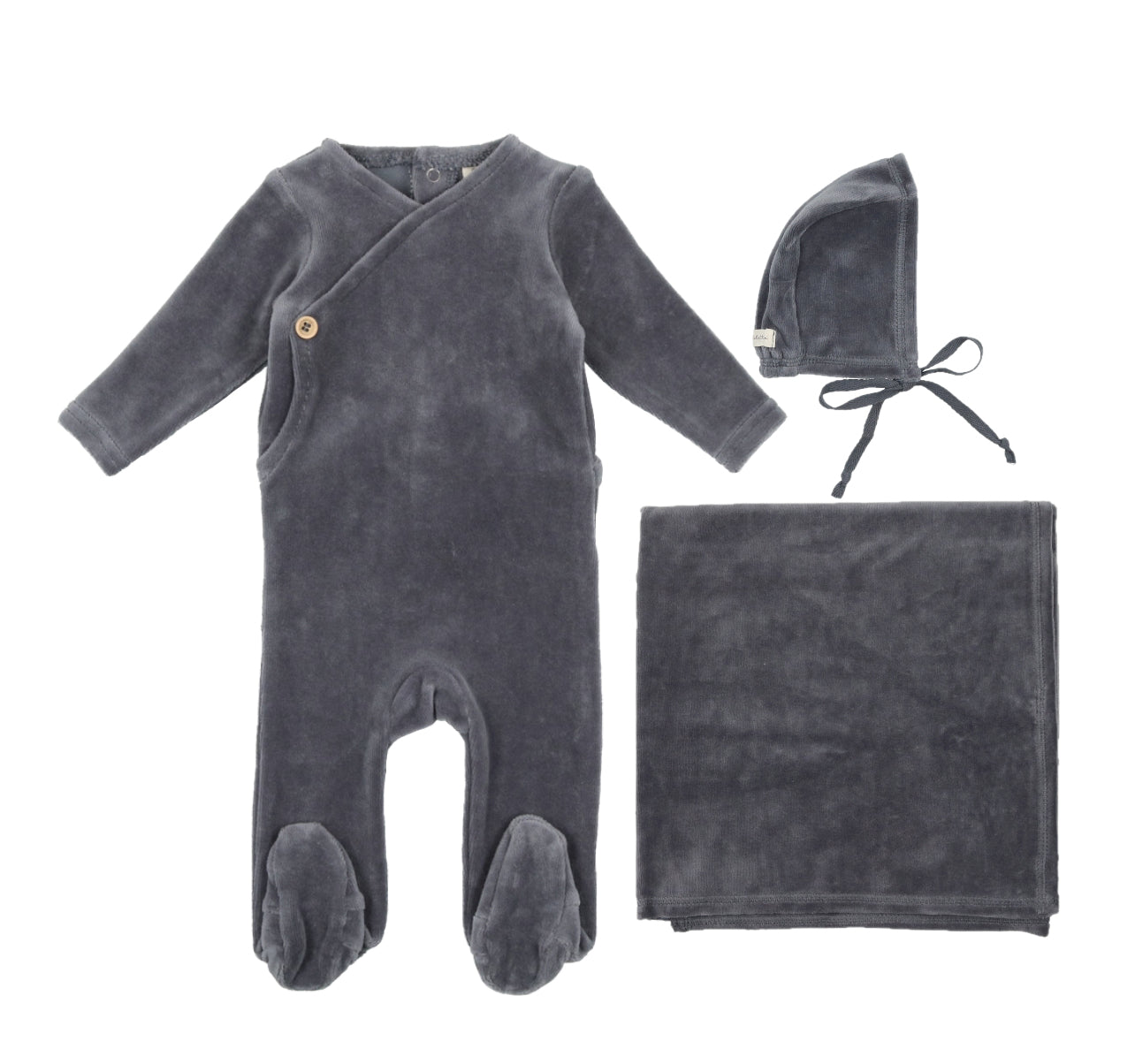 Lilette Wood Button Wrap Slate Velour Three Piece Set