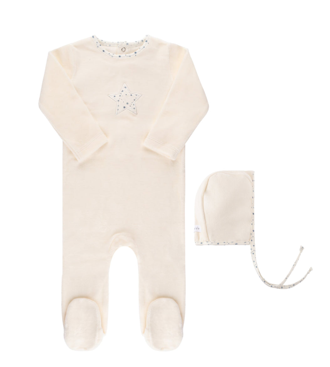 Ely's & Co. Velour Star Ivory Footie with Bonnet