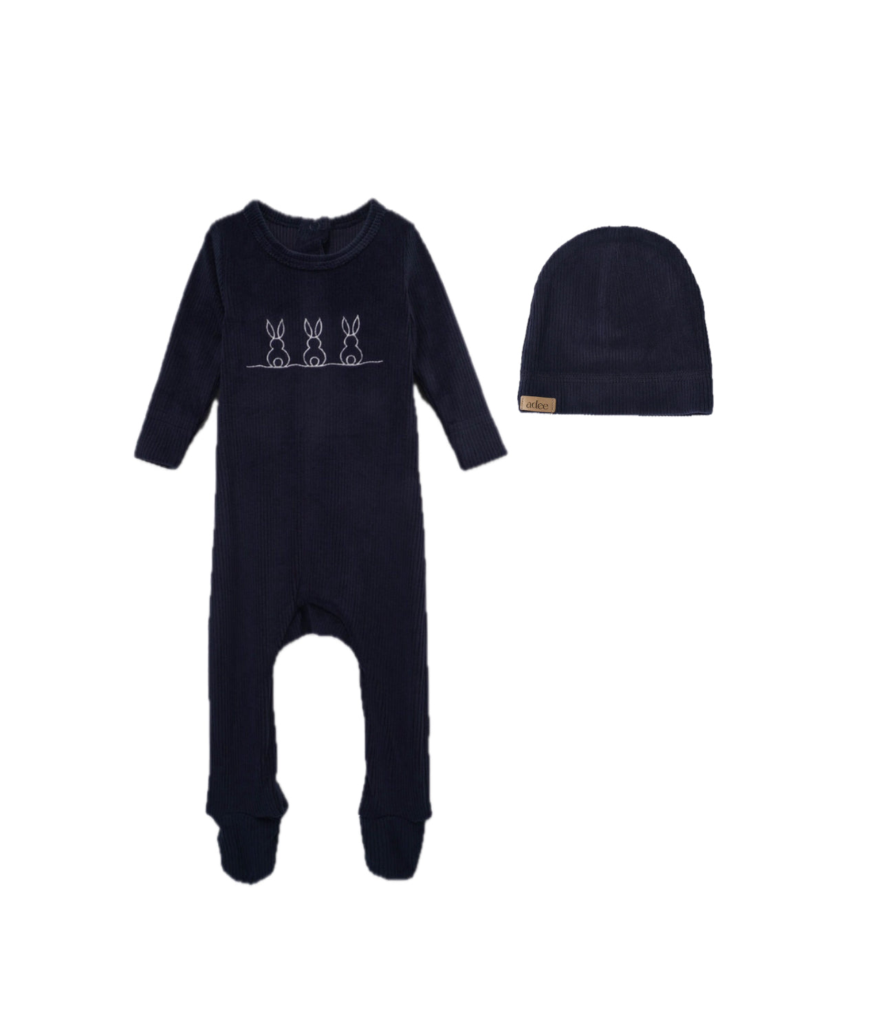 Adee Embroidered Bunny Navy Velour Rib Footie with Beanie