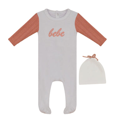 Bondoux Bebe “Bebe” Embroidery with Knit Sleeve Ivory/Coral Velour Footie with Beanie