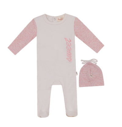 Bondoux Bebe “Sweet” Embroidery White/Pink Footie with Beanie