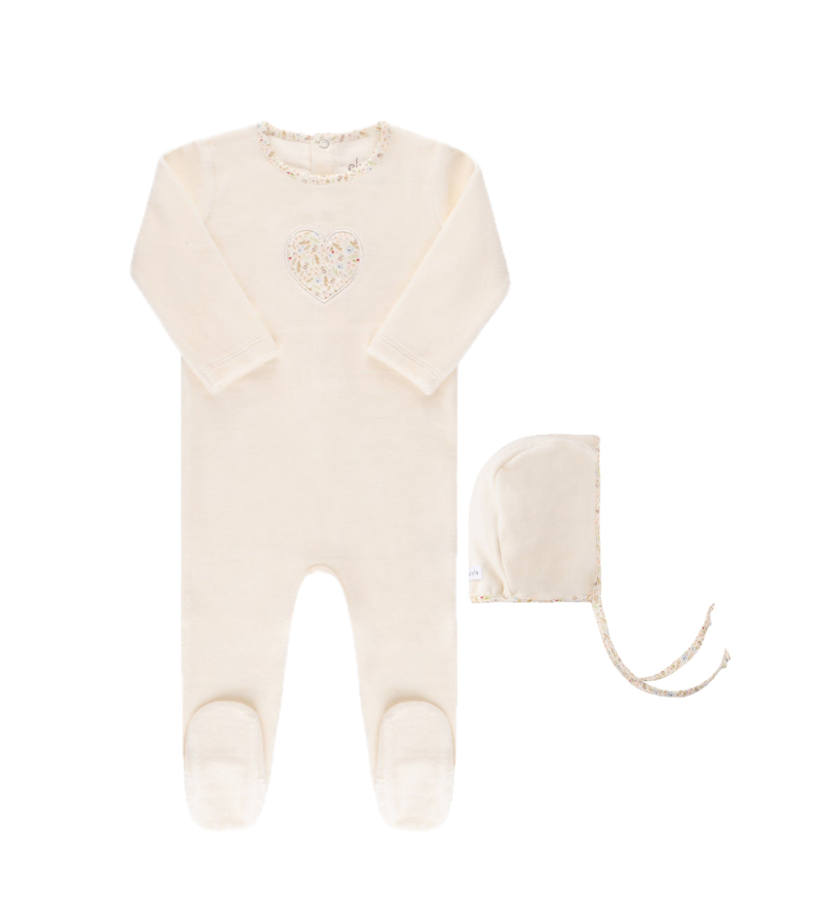 Ely's & Co. Floral Heart Ivory Velour Footie with Bonnet