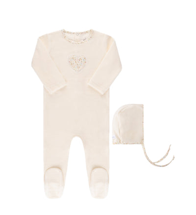 Ely's & Co. Floral Heart Ivory Velour Footie with Bonnet