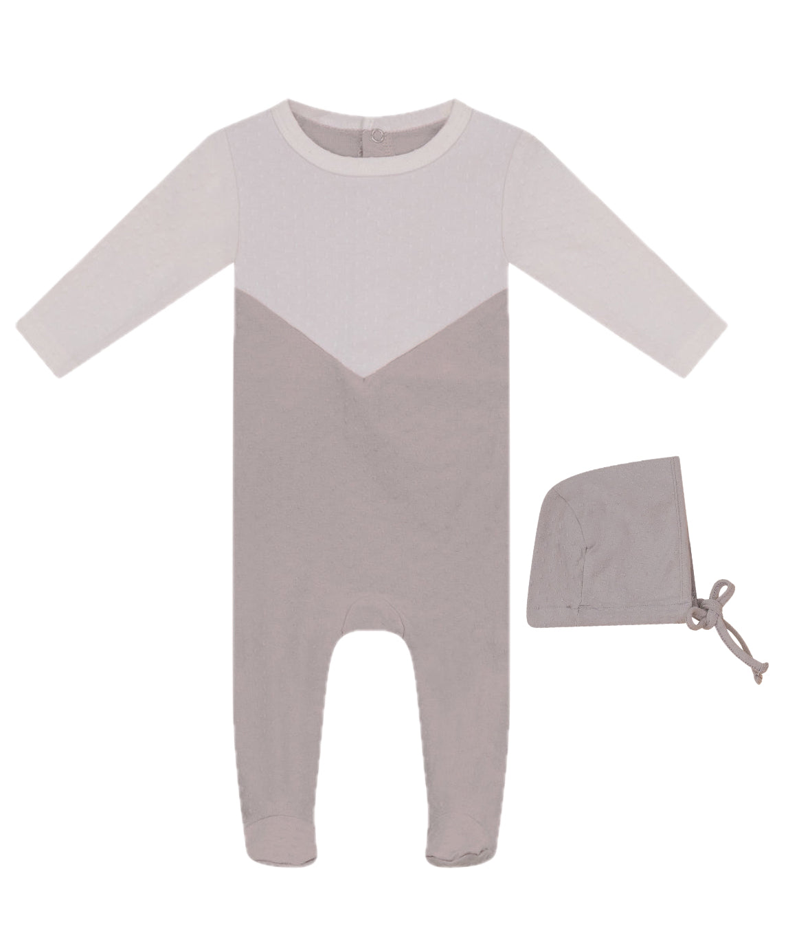 Menthe Two Tone Textured Cotton Taupe/White Footie with Bonnet