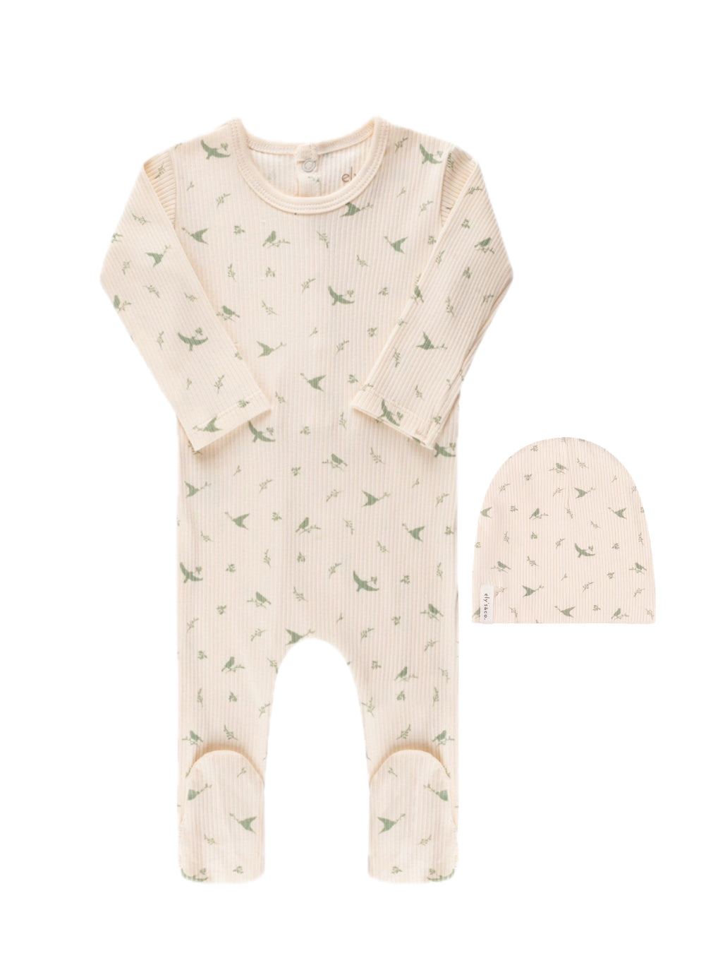 Ely's & Co. Birds Ribbed Cotton Cream/Sage Footie with Beanie