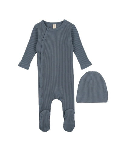 Lilette Slide Snap Ribbed French Blue Footie with Beanie