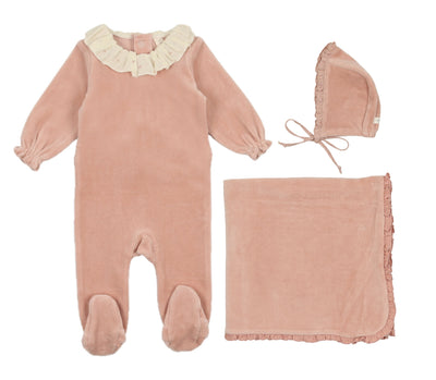 Lilette Embroidered Ruffle Collar Dusty Pink Velour Three Piece Set