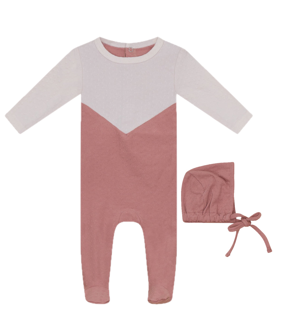 Menthe Two Tone Textured Cotton Pink/White Footie with Bonnet