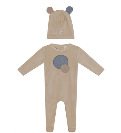 Bondoux Bebe Circles Applique Taupe Velour Footie with Beanie