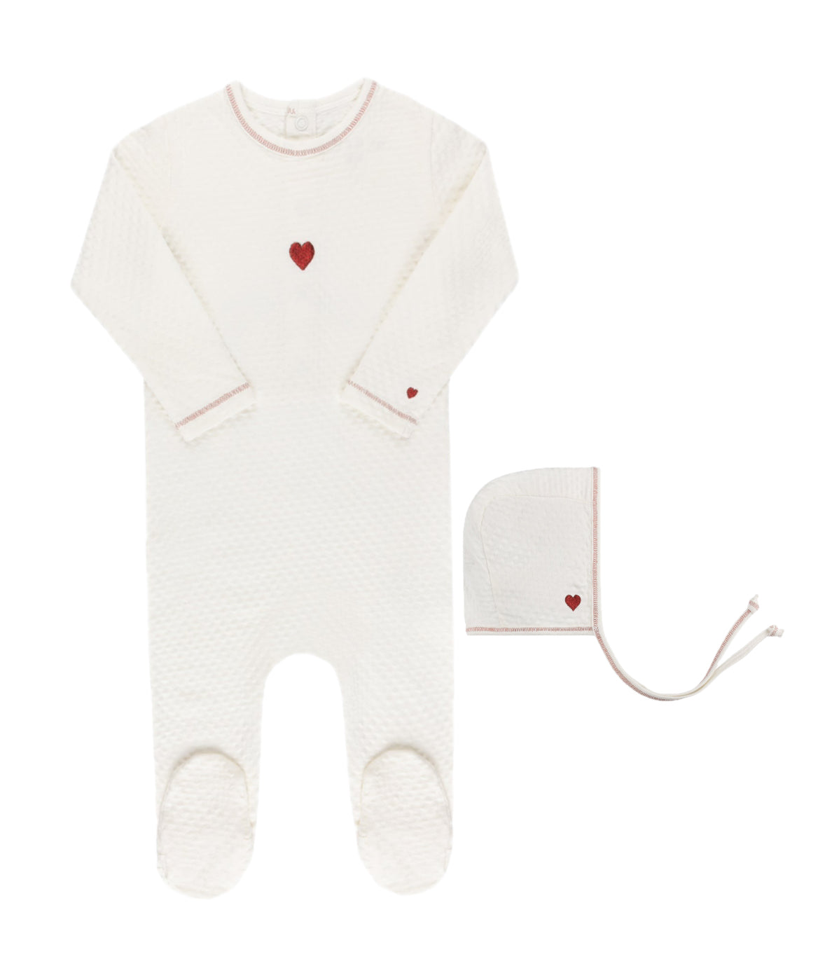 Ely's & Co. Ivory/Red Embroidered Heart Footie with Bonnet