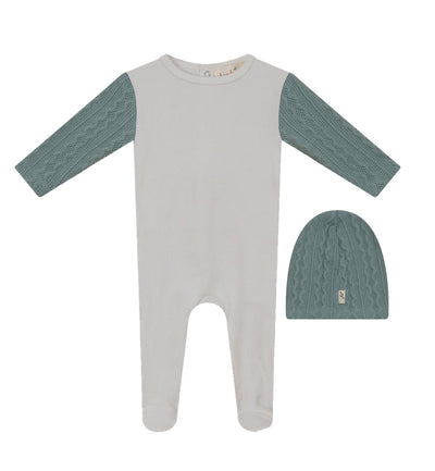 Bondoux Bebe White Ribbed Velour/Green Cable Knit Footie with Knit Beanie