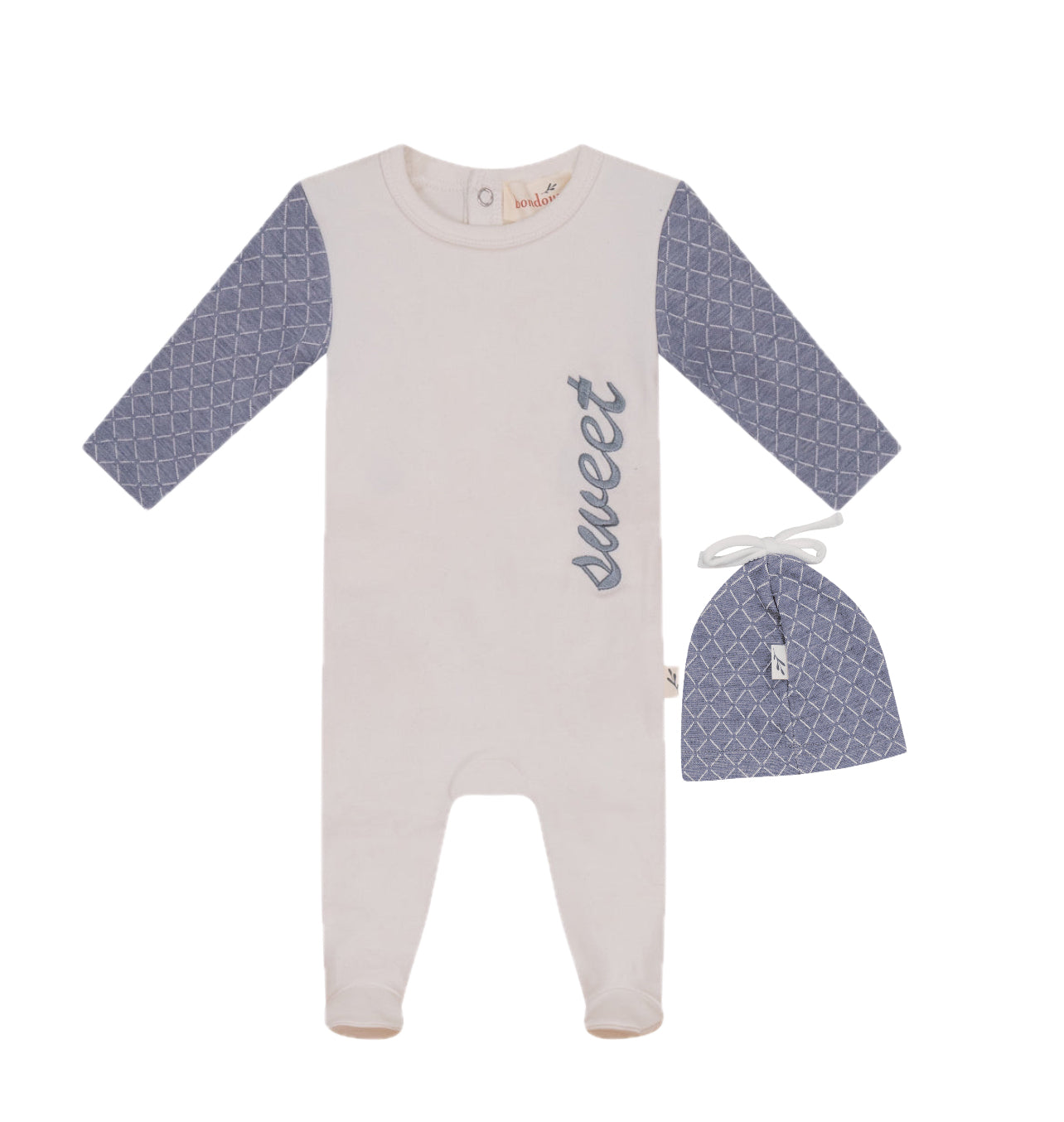 Bondoux Bebe “Sweet” Embroidery White/Blue Footie with Beanie