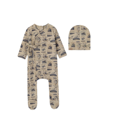 Adee Stamp Collection Tan/Navy Cotton Footie with Beanie