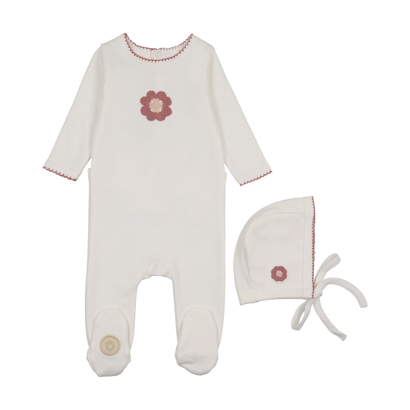Mon Tresor Geo-Floral Ivory/Rose Cotton Footie with Bonnet