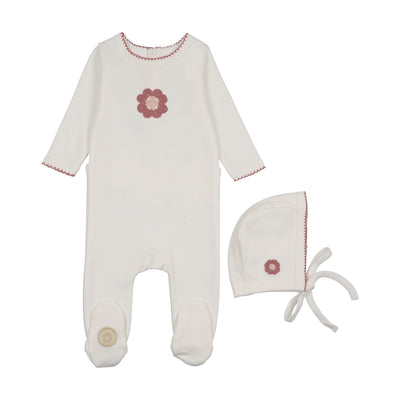 Mon Tresor Geo-Floral Ivory/Rose Cotton Footie with Bonnet