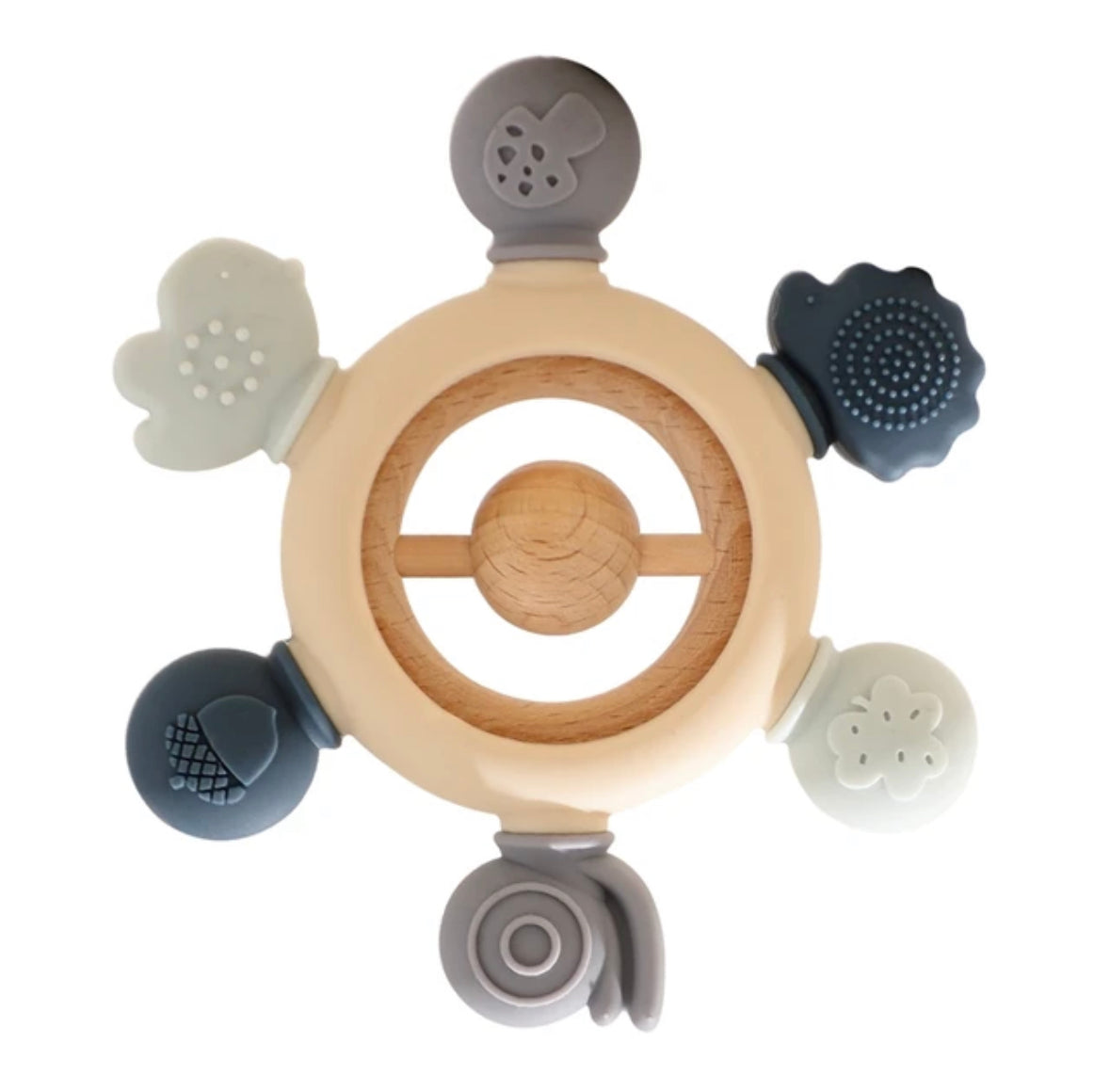 Cherie Silicone/Wood Teether/Rattle Wheel - Blue Multi