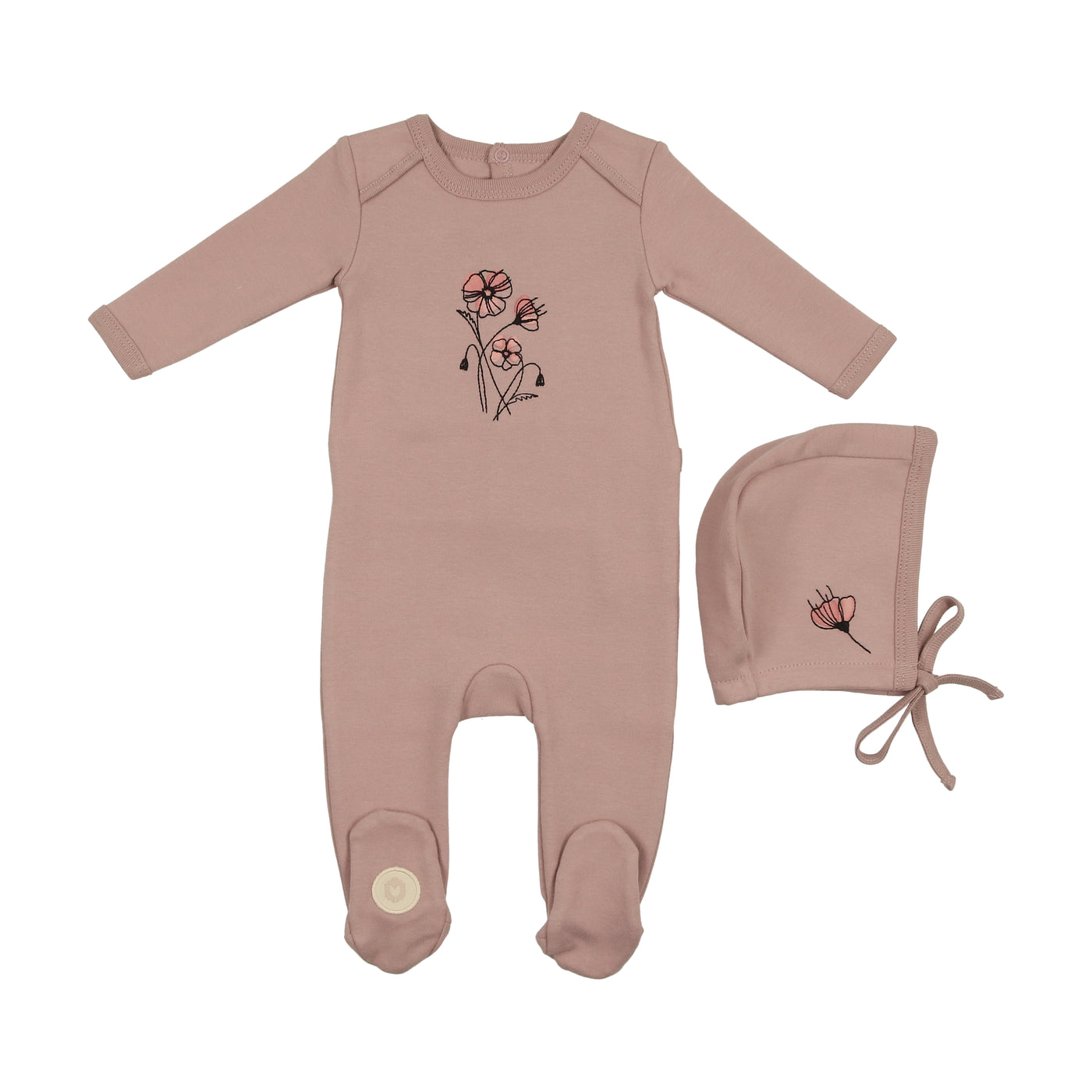 Mon Tresor Flower Sketch Rose Cotton Footie with Bonnet + Removable Pacifier Clip