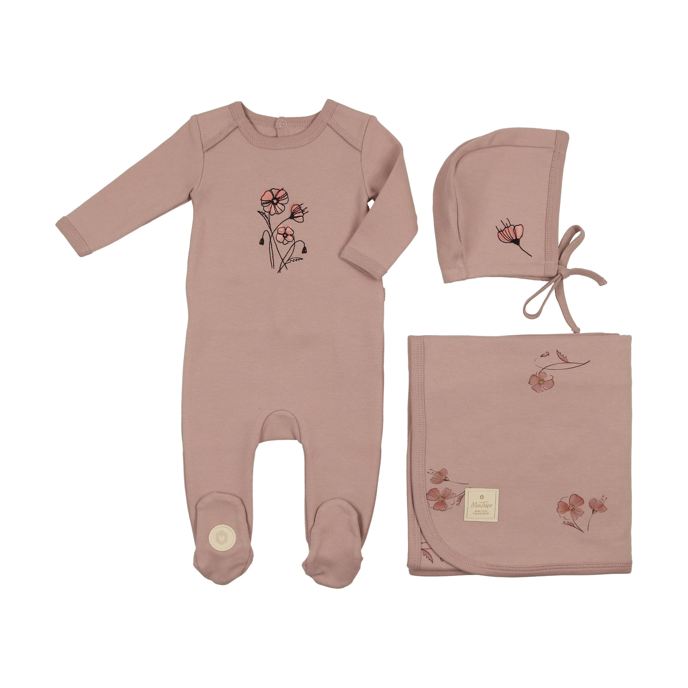 Mon Tresor Flower Sketch Rose Cotton Three Piece Set + Removable Pacifier Clip