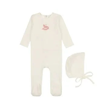 Bonette by Bopop Pink Embroidered Rocking Horse Collection White Cotton Footie with Bonnet