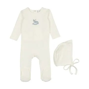 Bonette by Bopop Blue Embroidered Rocking Horse Collection White Cotton Footie with Bonnet