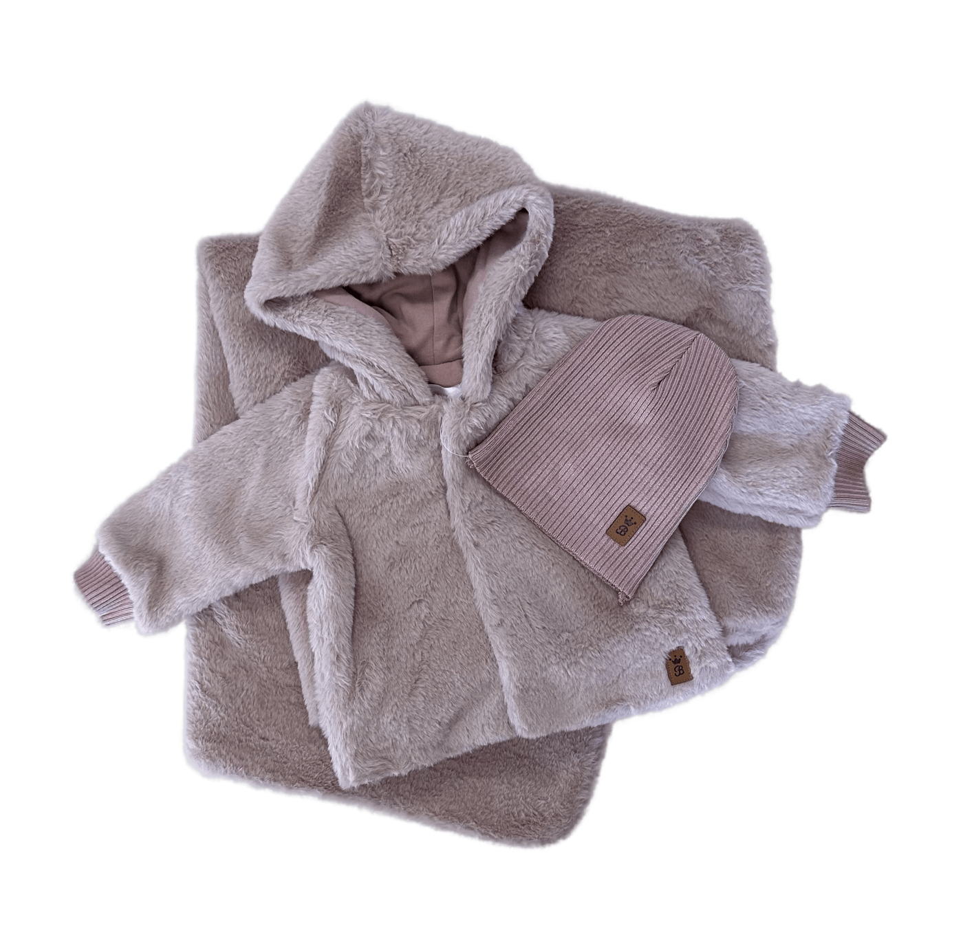 Mon Bijou Faux Fur Dusty Mauve Hooded Jacket with Knit Ribbed Beanie & Faux Fur Blanket