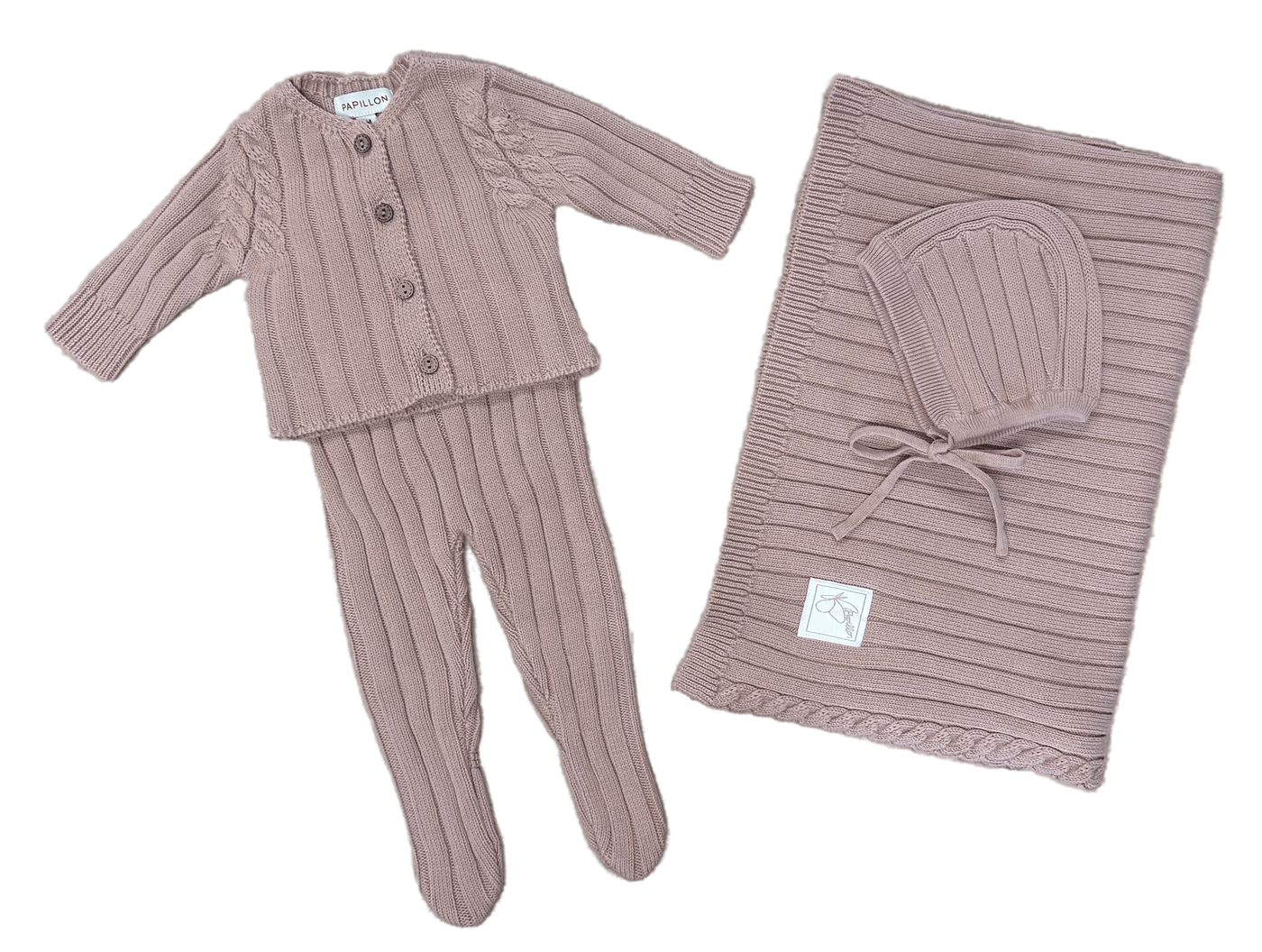 Papillon Mauve Knit Overall Footie with Sweater Four Piece Set