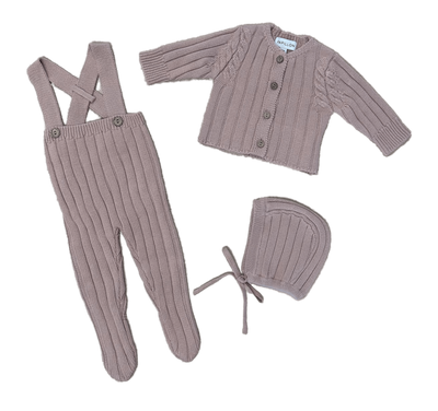 Papillon Mauve Knit Overall Footie with Sweater & Bonnet