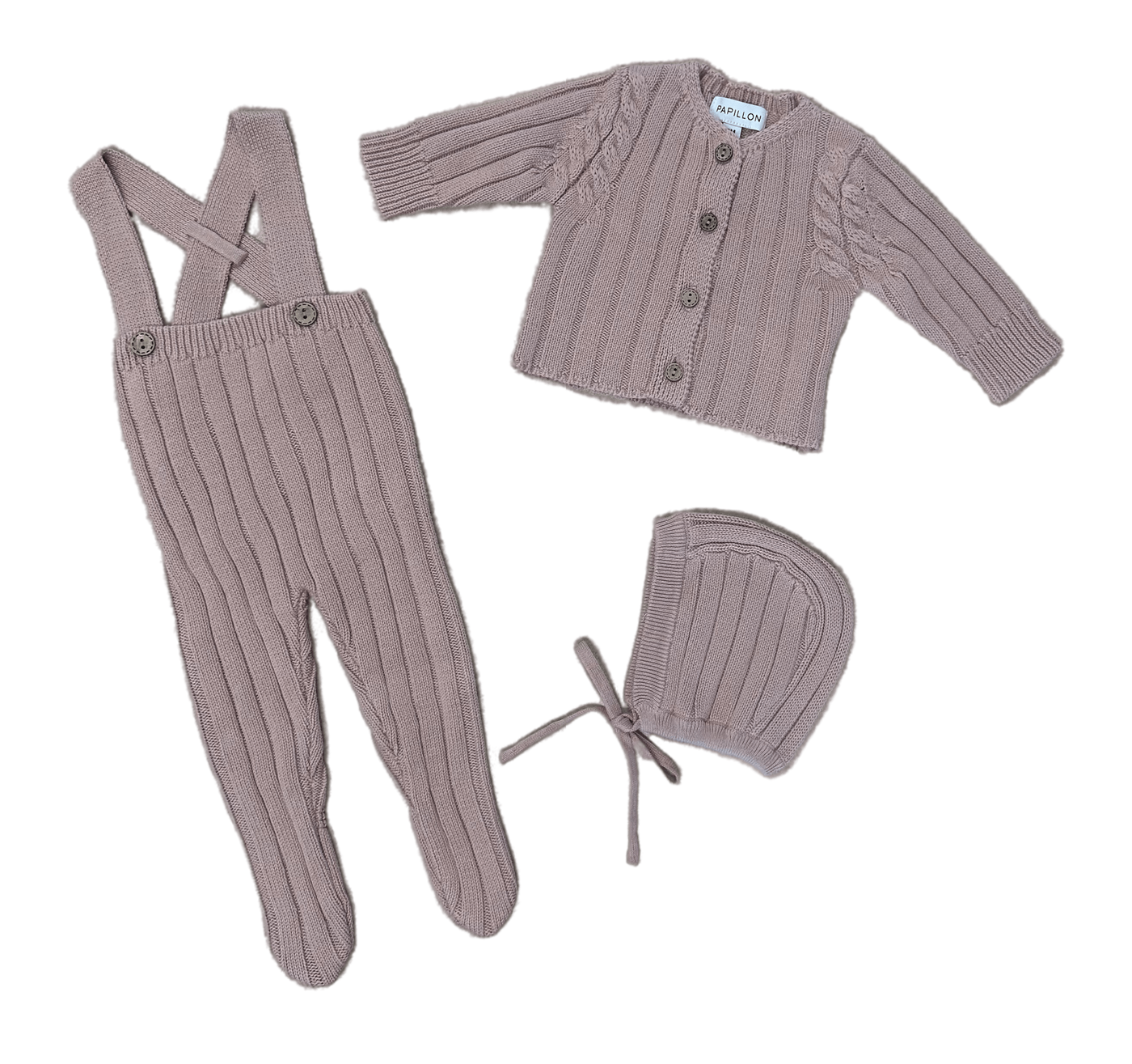 Papillon Mauve Knit Overall Footie with Sweater Four Piece Set